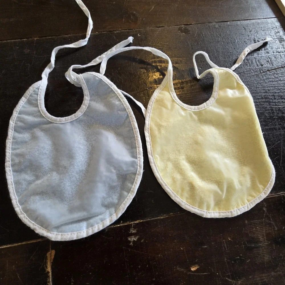 Vintage 80s PAIR Baby Bibs Terry Cloth Front Plastic Back Hammer Embroidery Ties
